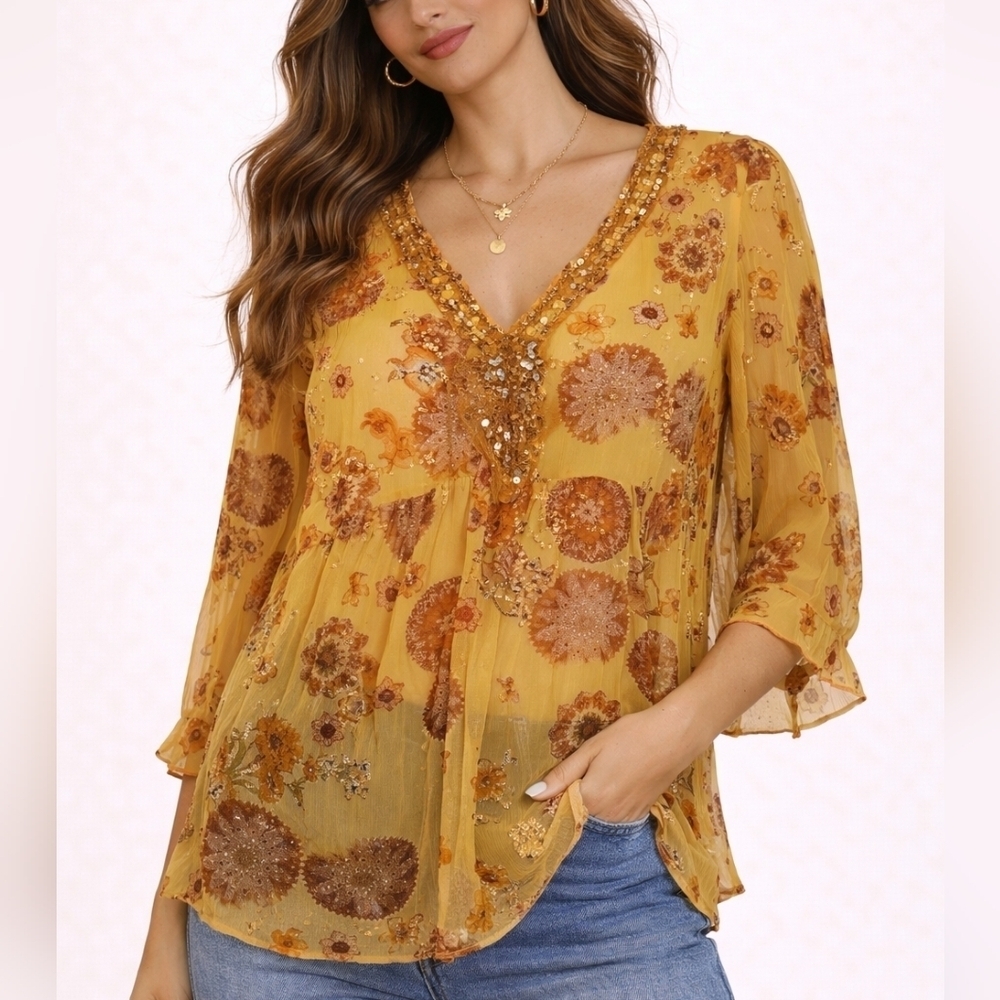 SERENADE Canary Yellow Metallic Floral Sheer Bedazzled V-Neck Blouse